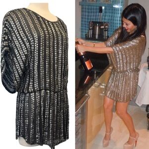 Parker🔥 100% Silk Metallic Silver Beaded Sheer Black Tunic Gatsby Dress Top S